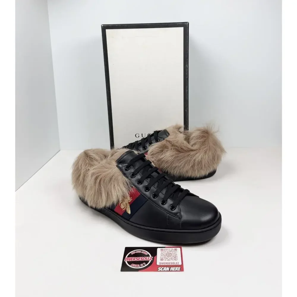 Size 11US - Gucci Ace Web Embroidered Fur/Leather Sneakers🖤 NEW/RETAIL $830!